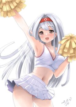 1girl armpits blush breasts brown_eyes cheering cheerleader cleavage commentary_request crop_top hair_ribbon hairband headband holding holding_pom_poms japanese_clothes kantai_collection kitagawa_mikio large_breasts long_hair looking_at_viewer medium_breasts midriff miniskirt navel open_mouth pleated_skirt pom_pom_(cheerleading) pom_poms ribbon shoukaku_(kancolle) skirt smile white_hair white_skirt