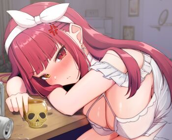 1girl anger_vein blush breasts camisole can closed_mouth cup earrings fingernails glint hair_ribbon heterochromia highres holding holding_cup hololive houshou_marine houshou_marine_(roomwear) huge_breasts indoors jewelry leaning_forward long_hair nito_nitro picture_frame pout red_eyes red_hair ribbon ribbon_earrings smile solo table tearing_up thighs virtual_youtuber white_camisole white_ribbon yellow_eyes