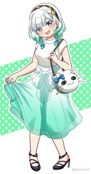 1girl :d alternate_hairstyle amaimi animal_bag bag black_shoes blue_bow blue_eyes blush bow bow_earrings braid breasts brown_hairband cat_bag earrings fang full_body gradient_clothes gradient_skirt green_background green_skirt hair_bow hairband head_tilt high_heels holding_strap indie_virtual_youtuber jewelry looking_at_viewer medium_breasts medium_hair mint_fantome no_socks open_mouth polka_dot polka_dot_background shirt shoes short_sleeves shoulder_bag skin_fang skirt skirt_hold smile solo standing twin_braids twitter_username two-tone_background virtual_youtuber white_background white_hair white_shirt