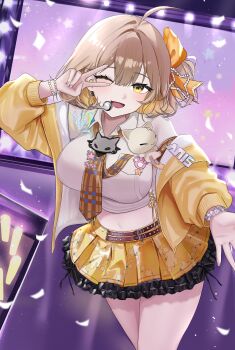 1girl ;d absurdres anis_(nikke) anis_(star)_(t.t._star)_(nikke) arm_up bead_bracelet beads blush bow bracelet breasts brown_hair character_name commentary_request cowboy_shot cropped_shirt dutch_angle eb_030 glowstick goddess_of_victory:_nikke hair_between_eyes hair_bow headset highres idol jacket jewelry large_breasts looking_at_viewer medium_hair midriff miniskirt multiple_bracelets nail_art navel necktie off_shoulder official_alternate_costume one_eye_closed open_clothes open_jacket open_mouth penlight_(glowstick) plaid_clothes plaid_necktie shirt skirt smile solo stage stage_lights standing star_(symbol) star_print v v_over_eye white_shirt yellow_eyes yellow_jacket
