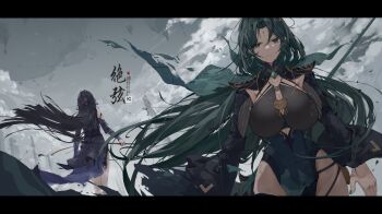 Rule 34 | 2girls, bare shoulders, breasts, chinese commentary, commentary request, dress, dutch angle, earrings, floating hair, gem, green dress, green eyes, green gemstone, green hair, green nails, highres, huge breasts, jewelry, kana kana (qq1414933589), long hair, long sleeves, multiple girls, nail polish, outdoors, purple dress, purple hair, tower of fantasy, translation request, very long hair, wind