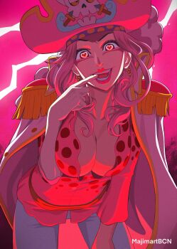 1girl artist_name breasts charlotte_linlin evil_smile heart heart-shaped_pupils highres jacket large_breasts lipstick majimartbcn makeup military_jacket military_uniform one_piece open_clothes open_shirt pirate seductive_smile shirt signature smile symbol-shaped_pupils