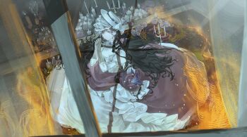 1girl absurdres black_hair candle candlestand chacha_(chachachaqqq) closed_mouth dress fire from_outside full_body gloves hands_up hat highres interlocked_fingers isolde_(reverse:1999) juliet_sleeves long_dress long_hair long_sleeves looking_at_viewer own_hands_together puffy_sleeves purple_eyes reverse:1999 smile solo veil very_long_hair white_dress white_hat white_veil window yellow_gloves