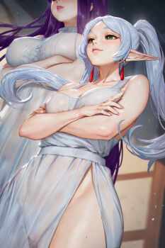 2girls alternate_breast_size_(larger) alternate_costume arms_under_breasts bare_shoulders blush breasts cleavage closed_mouth collarbone commentary_request cowboy_shot crossed_arms dress earrings elf fern_(sousou_no_frieren) frieren from_below green_eyes grey_hair highres indoors jewelry large_breasts lips long_hair medium_breasts meme multiple_girls neoartcore no_panties paid_reward_available parted_bangs parted_lips patreon_logo patreon_username pointy_ears purple_hair pussy see-through_clothes see-through_dress sleeveless sleeveless_dress sousou_no_frieren teardrop_earrings thighs twintails upward_angle_frieren_drawing_(meme) white_dress
