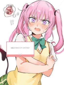 1girl baru_4416 blush breasts commentary_request demon_tail fang flat_chest hair_between_eyes hair_ornament highres nana_asta_deviluke open_mouth pink_eyes pink_hair sainan_high_school_uniform school_uniform simple_background solo summer_uniform tail to_love-ru to_love-ru_darkness twintails white_background