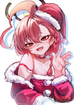 1girl ahoge areola_slip blue_archive blush bow bow_choker braid breasts choker christmas coat dress earrings fur-trimmed_coat fur-trimmed_dress fur_trim hair_between_eyes hair_over_shoulder halo hat huge_ahoge jewelry medium_hair mole mole_under_each_eye mole_under_eye multiple_moles neru_(blue_archive) off-shoulder_coat off_shoulder open_mouth orange_hair red_bow red_choker red_coat red_dress red_eyes red_hat rutax_xark santa_costume santa_dress santa_hat shadow side_braid sleeveless sleeveless_dress small_breasts smile solo sweat waving white_background