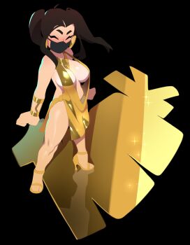 1girl ^_^ absurdres artist_self-insert backless_dress backless_outfit breasts cleavage closed_eyes cocktail_dress combos_&amp;_doodles dress gold_dress high_heels highres large_breasts mask milestone_celebration mouth_mask plunging_neckline real_life solo twintails