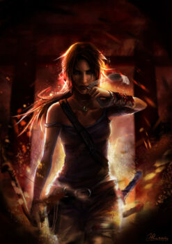 1girl blood bow_(weapon) brown_eyes brown_hair female_focus fire gradient_background lara_croft long_hair looking_at_viewer open_mouth smoke solo standing tank_top tomb_raider tomb_raider_(reboot) weapon