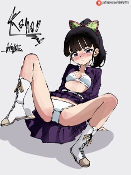 1girl belt black_hair black_jacket black_skirt blush breasts butterfly_hair_ornament close_mouth clothes_lift demon_slayer_uniform hair_ornament highres jacket kimetsu_no_yaiba loli medium_hair medium_skirt panties purple_eyes sheisbrigitte skirt skirt_lift small_breasts tsuyuri_kanao underwear white_panties