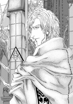 1boy 913kousatu absurdres alfred_(bloodborne) bloodborne building cape commentary_request greyscale highres looking_afar male_focus monochrome short_hair solo statue tree upper_body