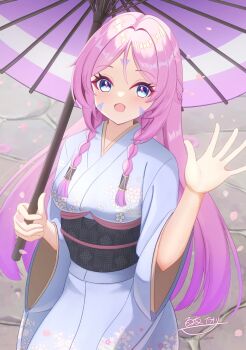 1girl alternate_costume black_sash blue_eyes blue_kimono blush braid breasts citlali_(genshin_impact) commentary_request facial_mark floral_print floral_print_kimono forehead_mark genshin_impact gradient_hair hands_up highres holding holding_umbrella hyakuya_iori japanese_clothes kimono long_hair looking_at_viewer medium_breasts multicolored_hair obi oil-paper_umbrella open_mouth pink_hair pink_pupils print_kimono purple_hair purple_umbrella sash signature solo triangle triangle_facial_mark twin_braids twitter_username umbrella very_long_hair