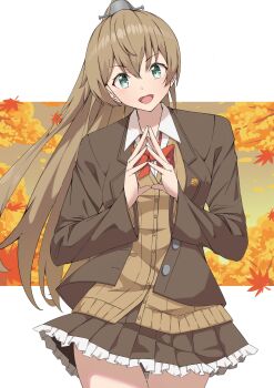 1girl autumn_leaves bow bowtie brown_cardigan brown_hair brown_jacket brown_skirt cardigan collared_shirt cowboy_shot dress_shirt frilled_skirt frills green_eyes hashtag-only_commentary highres jacket kantai_collection kikuchi-shoogo kumano_(kancolle) kumano_kai_ni_(kancolle) leaf long_hair orange_bow orange_bowtie pleated_skirt ponytail shirt skirt smile solo steepled_fingers white_shirt