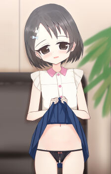 1girl animal_hair_ornament black_panties blue_bow blue_skirt blush bow bow_panties brown_eyes brown_hair clothes_lift crotchless crotchless_panties flat_chest hair_bow hair_ornament hairclip idolmaster idolmaster_cinderella_girls loli looking_at_viewer navel open_mouth panties plant rabbit_hair_ornament red_bow sasaki_chie shirt shooko short_hair skirt skirt_lift sleeveless sleeveless_shirt smile standing underwear white_shirt