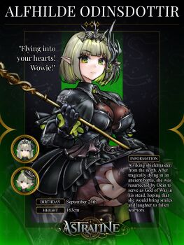 1girl absurdres alfhilde_odinsdottir artist_request astraline black_capelet black_dress black_gloves black_thighhighs blunt_bangs breasts brooch capelet character_name closed_mouth commentary dress elf english_commentary english_text freckles gem gloves green_eyes green_gemstone green_hair height highres holding holding_staff jewelry large_breasts long_sleeves looking_at_viewer pointy_ears short_dress short_hair sitting solo_focus staff thigh_strap thighhighs tiara virtual_youtuber