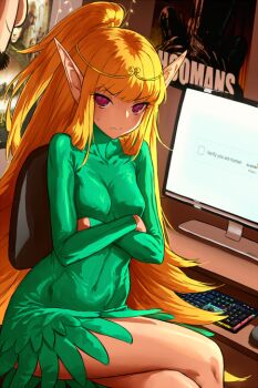 1girl borrowed_character chair circlet computer_keyboard crossed_arms crossed_legs dress elf elf_(merrivius) elf_comic english_text green_dress haraya_manawari high_ponytail long_hair monitor office_chair pointy_ears ponytail rgb_lights swivel_chair very_long_hair