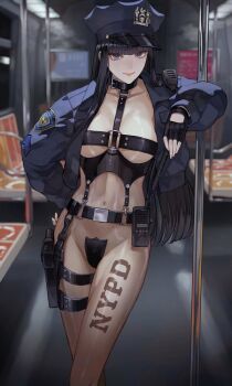 1girl belt black_bodysuit black_eyes black_gloves black_hair blue_jacket blurry blurry_background bodystocking bodysuit breasts c-string chest_harness choker commentary_request covered_navel crossed_legs female_focus fingerless_gloves gloves harness hat highres holster jacket kaoming light_smile long_hair maebari matching_hair/eyes medium_breasts new_york_city_police_department o-ring open_clothes open_jacket original pole police police_hat police_uniform policewoman revealing_clothes see-through_bodysuit see-through_clothes solo standing strapless_bottom subway tattoo thigh_holster thigh_strap train_interior walkie-talkie