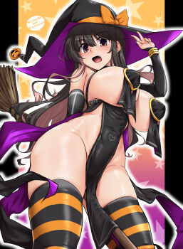 1girl black_dress black_hair blush bow breast_curtains breasts broom broom_riding covered_erect_nipples covered_navel detached_sleeves dress green_eyes halloween halloween_costume hat hat_bow highres holding holding_broom kantai_collection large_breasts looking_at_viewer naganami_(kancolle) no_panties open_mouth orange_bow pelvic_curtain revealing_clothes solo striped_clothes striped_thighhighs thighhighs witch witch_hat yoshi_tama