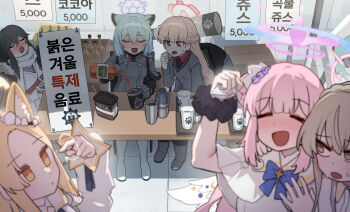 6+girls absurdres animal_ears aqua_hair black_hair black_scrunchie blonde_hair blue_archive blue_bow blush boots bottle bow braid capelet clenched_hand closed_eyes closed_mouth commentary_request dress drunk flower forehead fox_ears fox_girl grey_boots grey_jacket hair_between_eyes hair_flower hair_ornament hair_scrunchie half_up_braid halo highres holding holding_bottle jacket kokukyukeo korean_commentary long_hair mika_(blue_archive) minori_(blue_archive) multiple_girls nagisa_(blue_archive) nodoka_(blue_archive) open_mouth pink_hair purple_flower purple_halo red_eyes red_halo red_shirt scarf scrunchie seia_(blue_archive) shigure_(blue_archive) shirt short_hair sleeping sweatdrop tea_party_(blue_archive) weasel_ears weasel_girl white_boots white_capelet white_dress white_jacket white_scarf white_scrunchie wrist_scrunchie yellow_eyes