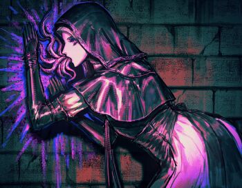 1girl against_wall bent_over black_corset black_hood brick_wall capelet coif commentary corset dress elbow_gloves elden_ring elden_ring_nightreign from_side gloves highres licking mouth_tentacles nun rashuu slime_(substance) solo symbol-only_commentary tentacle_tongue undertaker_(elden_ring) upper_body white_coif white_dress