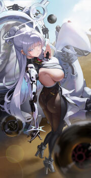 1girl absurdres ass bead_bracelet beads bracelet breasts brown_pantyhose colored_eyelashes commentary_request goddess_of_victory:_nikke grey_hair halo high_heels highres jewelry korean_commentary large_breasts mechanical_arms mechanical_hands mole mole_on_breast monk nayuta_(nikke) pantyhose praise3967 prosthesis prosthetic_arm sideboob single_mechanical_arm single_mechanical_hand smile solo split-color_clothes thick_eyelashes unusually_open_eyes white_eyelashes