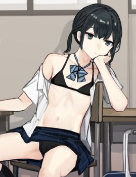 1boy armpit_crease bag bare_shoulders black_bra black_hair black_panties black_socks blue_bag blue_bow blue_bowtie blue_skirt bow bowtie bra bulge chair checkered_clothes checkered_skirt classroom closed_mouth clothes_pull collarbone commentary_request cowboy_shot crossdressing crossdressing_(mtf) desk frown grey_eyes hand_on_own_chin hand_up indoors looking_to_the_side male_focus miniskirt navel off_shoulder on_chair open_clothes open_shirt original panties partial_commentary pillow school_desk shirt shirt_pull short_hair short_sleeves sitting skirt socks solo stomach striped_bow striped_bowtie striped_clothes sunaba_(nczd5875) table trap twintails underwear white_shirt