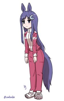 Rule 34 | 1girl, anima yell!, animal ears, arima hizume, blush, commentary, full body, hair ornament, highres, horse ears, horse girl, horse tail, horseshoe ornament, jacket, kanji connection, kemonomimi mode, leaning forward, long hair, name connection, owlsoda, pants, purple eyes, purple hair, purple tail, red jacket, red pants, red track suit, shoes, sidelocks, simple background, sneakers, solo, sportswear, standing, tail, tracen training uniform, track jacket, track pants, track suit, twitter username, umamusume, white background, white shoes