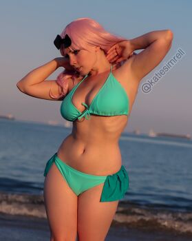 1girl bikini breasts cosplay female_focus fujiwara_chika fujiwara_chika_(cosplay) green_bikini kaguya-sama_wa_kokurasetai_~tensai-tachi_no_renai_zunousen~ katiesimrell looking_at_viewer medium_breasts model photo_(medium) real_life sitting solo swimsuit