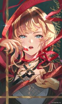 1girl blonde_hair blue_eyes commentary_request copyright_notice cosmetics eyeshadow granblue_fantasy green_background holding holding_lipstick_tube lipstick_tube long_hair makeup official_art parted_lips portrait red_eyeshadow red_lips red_nails red_ribbon ribbon solo teeth upper_teeth_only zeta_(granblue_fantasy)