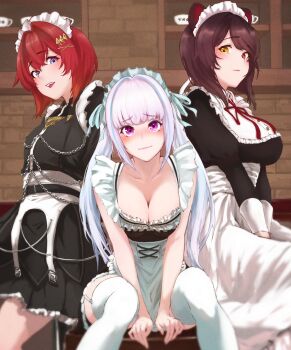 3girls alternate_costume ange_katrina animal_ears apron aqua_headdress arms_between_legs bare_arms belt bib_collar black_belt black_dress blue_eyes blue_hair blush breasts brown_hair chain cleavage closed_mouth collarbone commentary_request dog_ears dress embarrassed frilled_dress frills garter_straps gradient_eyes hair_intakes hair_ornament heterochromia highres inui_toko inui_toko_(western_maid) large_breasts lips lize_helesta long_hair looking_at_viewer maid maid_day maid_headdress medium_hair multicolored_eyes multicolored_hair multiple_girls neck_ribbon nijisanji nose_blush official_alternate_costume open_mouth purple_eyes raised_inner_eyebrows red_eyes red_hair red_ribbon ribbon sanbaka_(nijisanji) short_dress sidelocks sitting sleeve_cuffs sleeveless sleeveless_dress small_breasts smile stool streaked_hair swept_bangs teeth thighhighs triangle_hair_ornament twintails two-tone_hair underbust upper_teeth_only very_long_hair virtual_youtuber waist_apron wavy_mouth white_apron white_hair white_headdress white_thighhighs x_hair_ornament yamaotoko yellow_eyes