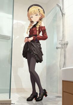absurdres beret blonde_hair braid braided_twintails clothes_lift frilled_shirt frilled_skirt frills fujita_kotone full_body gakuen_idolmaster hair_ribbon hat highres hmax idolmaster mary_janes pantyhose red_shirt ribbon shirt shoes shower_(place) shower_head showering skirt skirt_lift tiles undershirt wet wet_clothes yellow_eyes