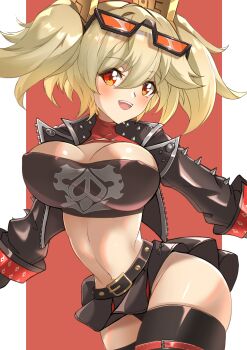 Rule 34 | 1girl, belt, blonde hair, blush, breasts, burnice white, commentary request, deekei, eyewear on head, highres, jacket, looking at viewer, open clothes, open jacket, open mouth, red eyes, short hair, simple background, skirt, solo, standing, teeth, upper teeth only, zenless zone zero