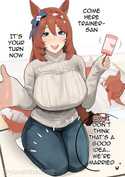 3girls absurdres animal_ears blue_bow blue_eyes blue_pants blush bow braid breasts brown_hair commentary ear_bow english_commentary english_text futon hair_between_eyes heart highres holding holding_rattle horse_ears horse_girl horse_tail large_breasts long_hair looking_at_viewer multicolored_hair multiple_girls open_mouth pants rattle reaching reaching_towards_viewer ribbed_sweater seiza sitting smile socks speech_bubble streaked_hair super_creek_(umamusume) sweater tail tail_wagging umamusume very_long_hair white_hair white_socks white_sweater yuushiba