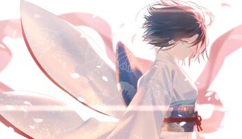 1girl ahoge breasts brown_hair grey_eyes highres japanese_clothes kara_no_kyoukai kimono long_sleeves looking_at_viewer mashima_saki_(mashimasa) medium_breasts obi parted_bangs ryougi_shiki sash short_hair void_shiki wide_sleeves