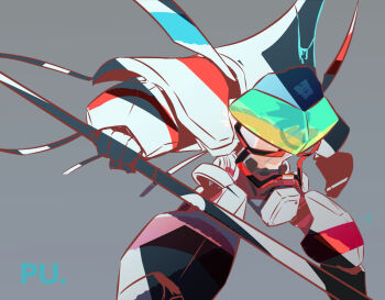 Rule 34 | commentary, english commentary, grey background, holding, holding sword, holding weapon, matahei, matoi tech, mecha, promare, robot, signature, simple background, sword, weapon