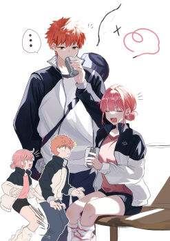 ... 1boy 1girl ? ^_^ absurdres ao_no_hako bag bike_shorts black_shorts blue_pants blush breasts can chouno_hina closed_eyes crossover drinking duffel_bag emiya_shirou fate/stay_night fate_(series) hair_bun hand_in_pocket highres holding holding_can jacket kneehighs long_sleeves looking_at_another notice_lines open_clothes open_jacket open_mouth orange_eyes orange_hair pants pink_hair pink_shirt popped_collar raglan_sleeves self-upload shirt shokobr short_hair shorts simple_background single_hair_bun sitting smile socks speech_bubble spoken_ellipsis standing trait_connection white_background white_shirt white_socks