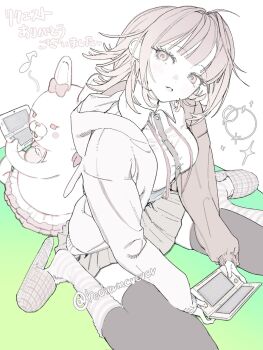 1girl bow breasts commentary_request danganronpa_(series) danganronpa_2:_goodbye_despair dress_shirt ear_bow flipped_hair hair_ornament handheld_game_console highres holding holding_handheld_game_console hood hood_down jacket large_breasts long_sleeves medium_hair miniskirt nanami_chiaki neck_ribbon open_clothes open_jacket pleated_skirt redramcvcvcv ribbon sandals shirt skirt teeth thighhighs translation_request usami_(danganronpa)