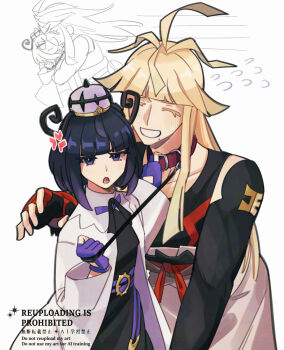 1boy 1girl anger_vein belt belt_buckle black_dress black_hair blonde_hair bob_cut brother_and_sister buckle closed_eyes coat collar doodle_inset dress elulit2 gloves gradient_hair gwynn_(pokemon) hat highres holding holding_leash ivor_(pokemon) leash long_hair long_sleeves multicolored_hair nintendo o-ring o-ring_belt open_clothes open_coat open_mouth partially_fingerless_gloves pokemon pokemon_legends:_z-a purple_belt purple_gloves purple_hair short_hair siblings white_coat