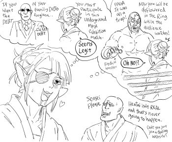 1girl 3boys bb_(baalbuddy) commentary dougi drooling elf english_commentary english_text female_pervert greyscale hair_bun highres imagining imminent_rape karate_gi luchador luchador_mask mask monochrome multiple_boys orc original parody pervert pointy_ears saliva single_hair_bun solo_focus speech_bubble thought_bubble tusks updo wrestler wrestling_outfit wrestling_ring