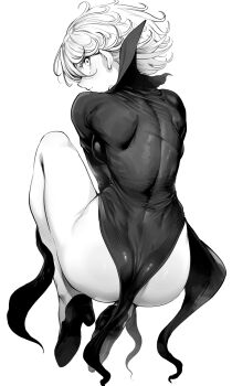 1girl absurdres ass blush breasts closed_mouth dress from_behind greyscale highres legs long_sleeves looking_at_viewer looking_back monochrome niwarhythm one-punch_man shoes short_hair sideboob simple_background small_breasts solo tatsumaki thighs white_background