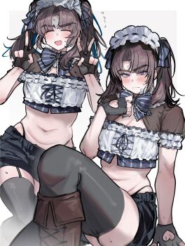 1boy absurdres ayase_ayato_(imamiya_pinoko) bad_source black_hair brown_hair closed_eyes crop_top crossdressing crossdressing_(mtf) double_v fingerless_gloves garter_straps gloves highleg highleg_panties highres imamiya_pinoko long_hair original panties parted_bangs purple_eyes short_shorts shorts simple_background stomach thick_eyebrows thighhighs trap twintails underwear v