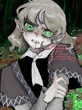 Rule 34 | 1girl, arm warmers, black shirt, blonde hair, blood, blood from mouth, brown shirt, clenched teeth, commentary, crying, crying with eyes open, green eyes, grimace, hand on own arm, head tilt, highres, looking at viewer, medium hair, mismatched pupils, mizuhashi parsee, muted color, pointy ears, samotsukib, scarf, shirt, short sleeves, solo, tears, teeth, touhou, undershirt, upper body, white arm warmers, white scarf