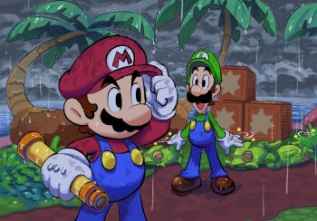 2boys blue_overalls boots brown_boots brown_hair facial_hair gloves green_hat green_shirt hat highres looking_at_another luigi mario mario_&amp;_luigi:_brothership mario_&amp;_luigi_rpg mario_(series) multiple_boys mustache nintendo open_mouth outdoors overalls palm_tree rain red_hat red_shirt shirt short_hair tree white_gloves yamari_(ya_mari_6363)