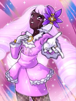 1girl ascot dark-skinned_female dark_skin dress fascinator fishnets frilled_ascot frills gloves hair_ornament highres jacinthe_(pokemon) juliet_sleeves long_hair long_sleeves low_drills mega_stone nintendo open_mouth outstretched_arm pokemon pokemon_legends:_z-a pownchao puffy_sleeves purple_dress purple_eyes purple_hair smile solo star_(symbol) teeth upper_teeth_only very_dark_skin white_gloves