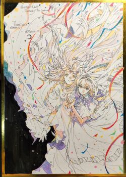 2girls absurdly_long_hair absurdres akemi_homura akemi_homura_(black_dress) black_background black_hair black_hairband boots bow capelet chest_jewel chinese_commentary closed_mouth commentary_request confetti crying crying_with_eyes_open dress eyelashes floating_clothes floating_hair frilled_dress frilled_sleeves frills full_body gem gloves hair_bow hairband happy highres holding_hands kaname_madoka long_dress long_hair mahou_shoujo_madoka_magica mahou_shoujo_madoka_magica:_hangyaku_no_monogatari multiple_girls parted_lips pink_gemstone pink_hair pleated_sleeves purple_capelet purple_eyes riko-m sad short_sleeves sidelocks smile streamers tareme teardrop tears thank_you thigh_boots traditional_media twitter_username two_side_up ultimate_madoka very_long_hair white_boots white_bow white_dress white_gloves winged_boots yellow_eyes yuri