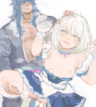 1boy 1girl absurdres alice_(tales) arm_garter blonde_hair blue_eyes blue_hair breasts censored choker clenched_teeth clothed_sex clothes_pull commission dress dress_pull frilled_choker frills gloves grabbing_another's_hair hetero highres holding_another's_hair holding_another's_leg idol jewelry long_hair mosaic_censoring muscular muscular_male official_alternate_costume open_clothes open_mouth open_shirt panties penis pussy regal_bryan sex shimura_(hosshi) short_hair simple_background small_breasts smile standing standing_sex starry_sky_bright_(idolmaster) strapless strapless_dress sweat tales_of_(series) tales_of_symphonia tales_of_symphonia:_dawn_of_the_new_world teeth underwear vaginal white_background white_dress white_gloves white_panties yellow_eyes