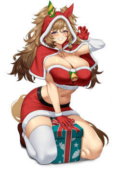 1girl absurdres alternate_costume animal_ears arm_warmers armpits bandeau bell blast_onepiece_(umamusume) blue_eyes blush bow box braid breasts brown_hair capelet claw_pose cleavage commentary_request ear_covers ear_ornament fluffy_hair full_body fur-trimmed_capelet fur-trimmed_gloves fur-trimmed_skirt fur_trim gift gift_box gloves green_bow grin hair_between_eyes hair_ornament hair_through_hood highres hood hood_up hooded_capelet horse_ears horse_girl horse_tail jingle_bell kneeling large_breasts long_hair looking_at_viewer messy_hair midriff navel red_bandeau red_capelet red_gloves red_shoes red_skirt santa_costume shoes side_braid sidelocks simple_background single_arm_warmer single_ear_cover single_thighhigh skindentation skirt smile solo stmoon tail teeth thighhighs twintails umamusume white_arm_warmers white_background white_thighhighs