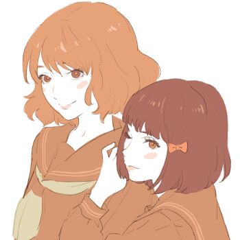 Rule 34 | 2girls, 55bata6rou, black hair, bow, brown eyes, brown hair, brown shirt, closed mouth, green neckerchief, hair bow, hibike! euphonium, highres, hisaishi kanade, kitauji high school uniform, looking at viewer, multiple girls, neckerchief, one eye closed, oumae kumiko, partially colored, red bow, sailor collar, school uniform, shirt, short hair, simple background, smile, upper body, white background