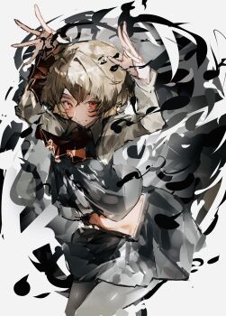 1girl absurdres arms_up ascot black_skirt black_vest blonde_hair blush commentary grin highres long_sleeves looking_at_viewer medium_hair pantyhose parted_lips po_(anhk5528) red_ascot red_eyes rumia shirt skirt smile solo teeth touhou vest white_shirt