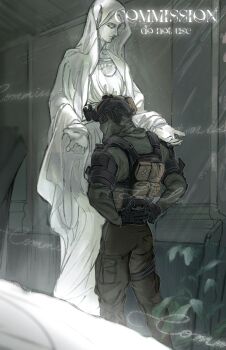 1girl 1other armor arms_behind_back bed black_gloves boots breastplate call_of_duty character_request cloak closed_eyes commission corset covered_face dress feet_out_of_frame gloves glowing hashtag-only_commentary height_difference helmet highres hood hood_up konig_(call_of_duty) light_particles mask outstretched_arms plant pov seencrow shoulder_armor watermark white_dress