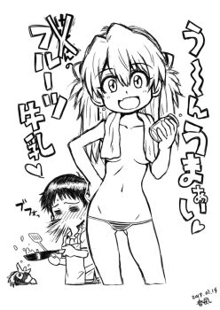 1boy 1girl bird blush breasts commentary_request cooking covered_erect_nipples greyscale harukaze_koucha heart highres holding ikari_shinji looking_at_viewer monochrome navel neon_genesis_evangelion no_pussy open_mouth panties penguin penpen simple_background souryuu_asuka_langley striped_clothes striped_panties towel towel_around_neck underwear white_background